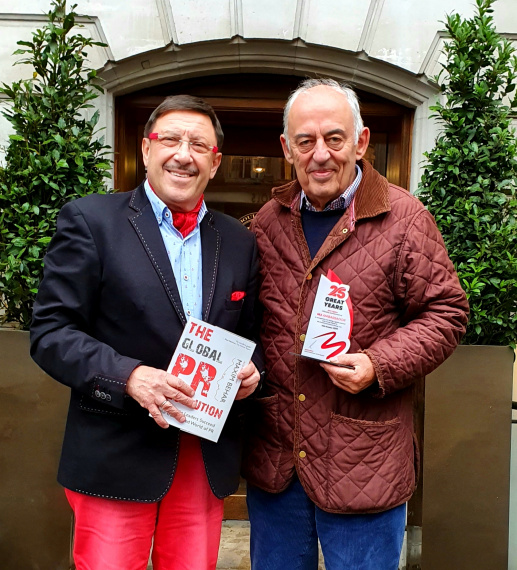 Maxim Behar and Alan Ogden outside their favorite restaurant in London's Mandarin Oriental, 2019